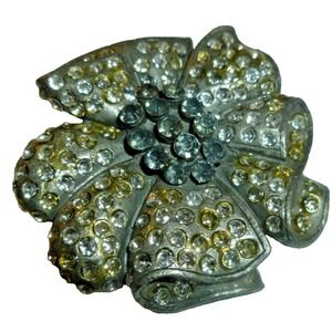 Vintage Silver Tone Rhinestone Flower‎ Brooch Pin Smoky Grey Center 2 Inch